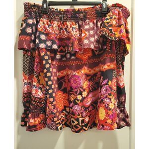 Trina Turk Women's Canton Top size medium 100 silk off shoulder Smocked colorful